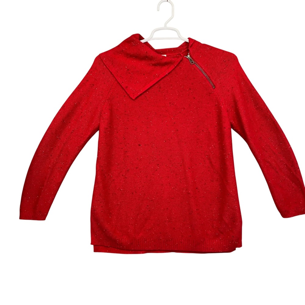 Talbots Red Knit Sweater‎ Asymmetrical Zip Mock Neck Long Sleeve